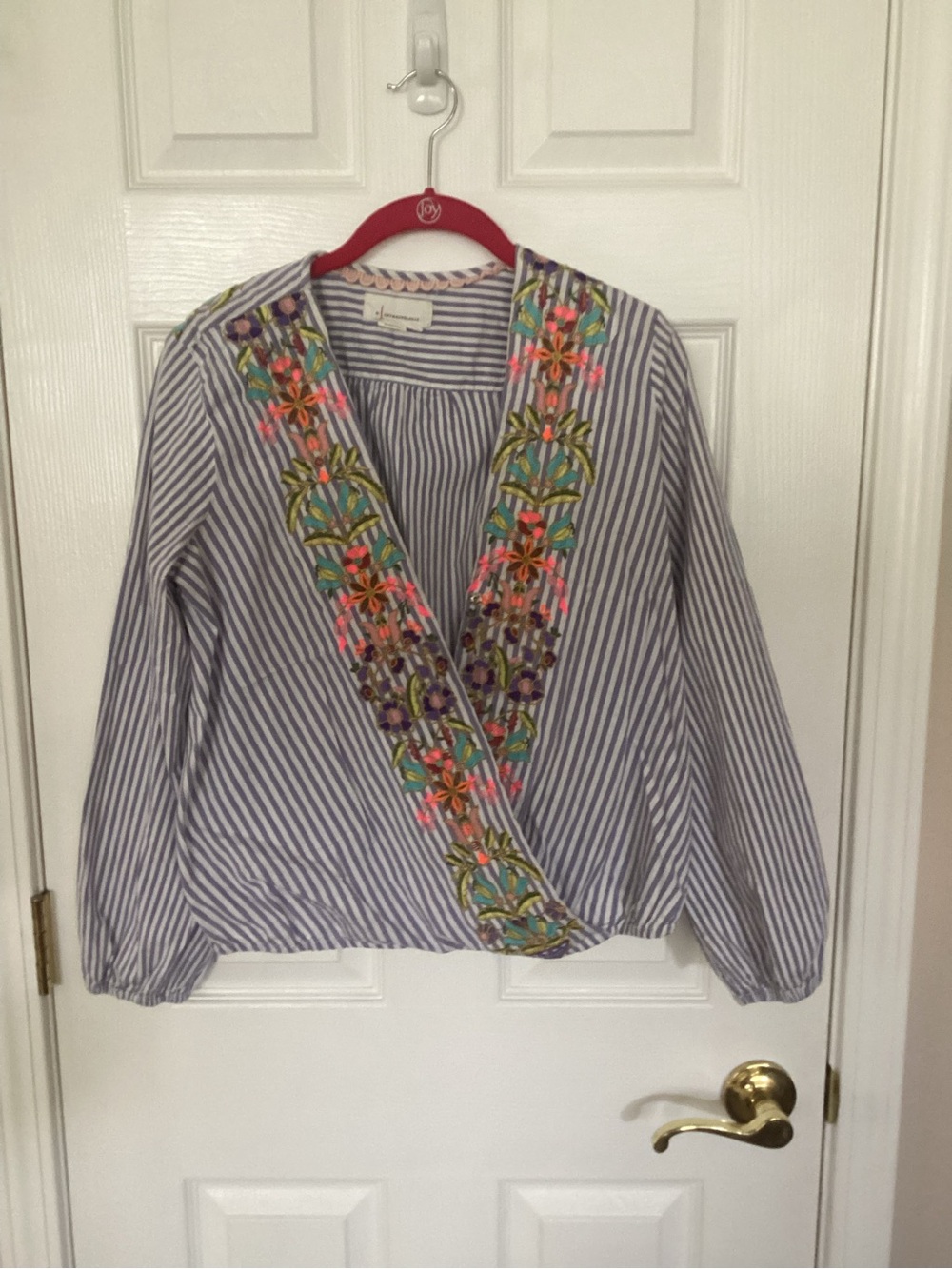 Anthropologie Blue & White Striped Embroidered Wrap Blouse